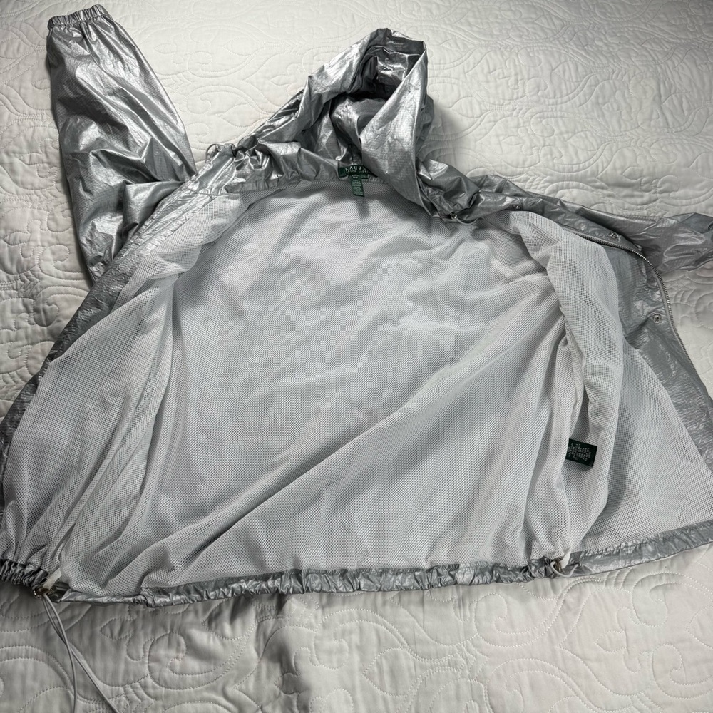 Ralph Lauren Silver‎ Foil Metallic Hooded Full Zip Windbreaker Women's Large EUC - Picture 7 of 11